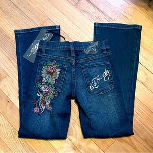 Ed Hardy Kids Jeans with Floral Embroidery - Blue